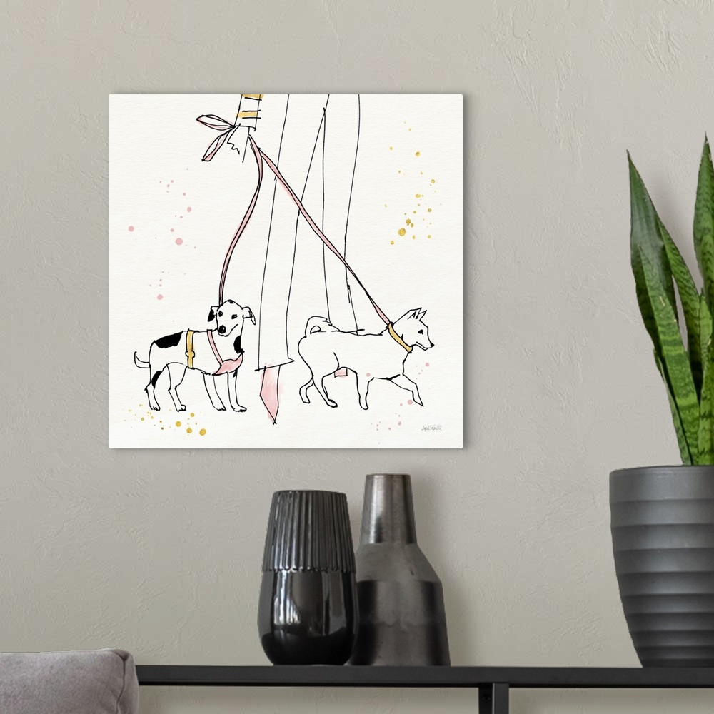 A modern room featuring Decorative artwork of a woman walking two small dogs in pink. gold, and white.