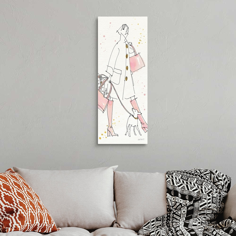 A bohemian room featuring Watercolor painting of a stylish woman alongside a dog with pink and gold accents.