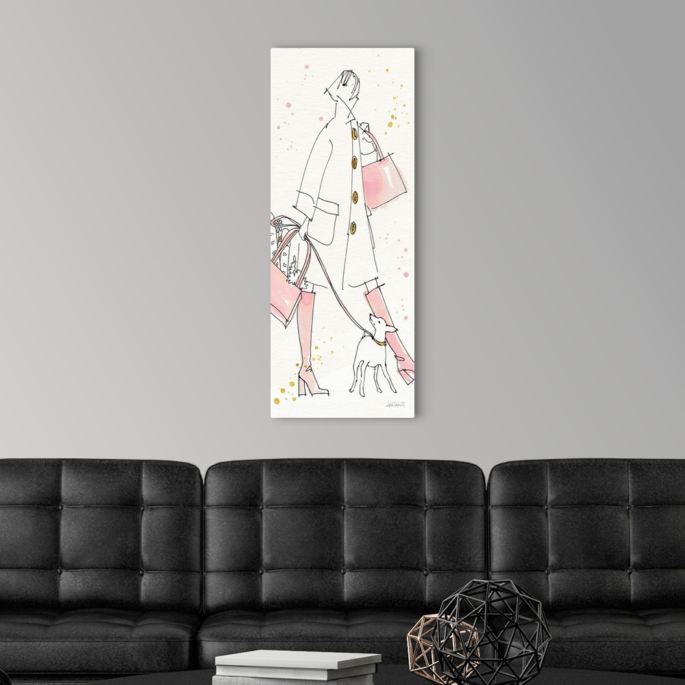 A modern room featuring Watercolor painting of a stylish woman alongside a dog with pink and gold accents.