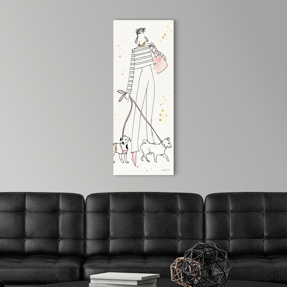 A modern room featuring Watercolor painting of a stylish woman alongside dogs with pink and gold accents.