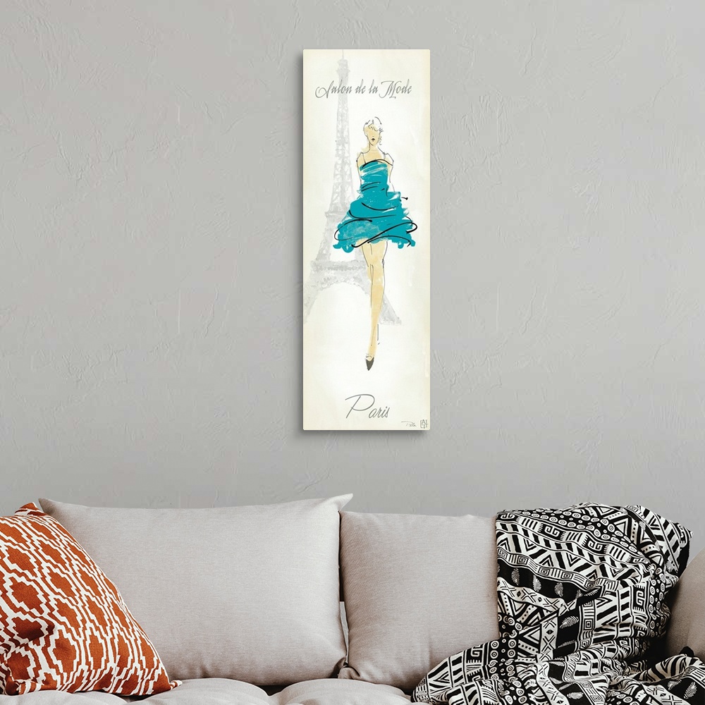 A bohemian room featuring A vertical piece of artwork with a fashionable woman walking forward and the Eiffel tower drawn i...