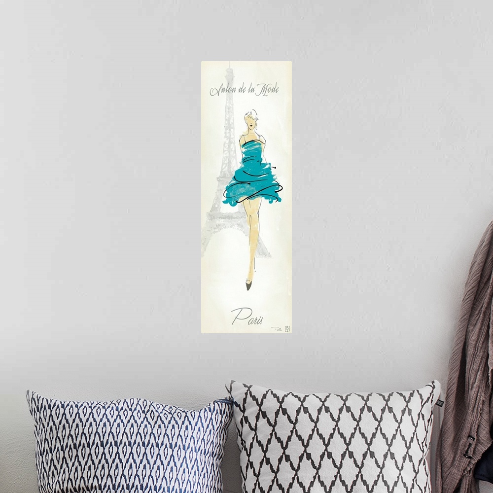 A bohemian room featuring A vertical piece of artwork with a fashionable woman walking forward and the Eiffel tower drawn i...