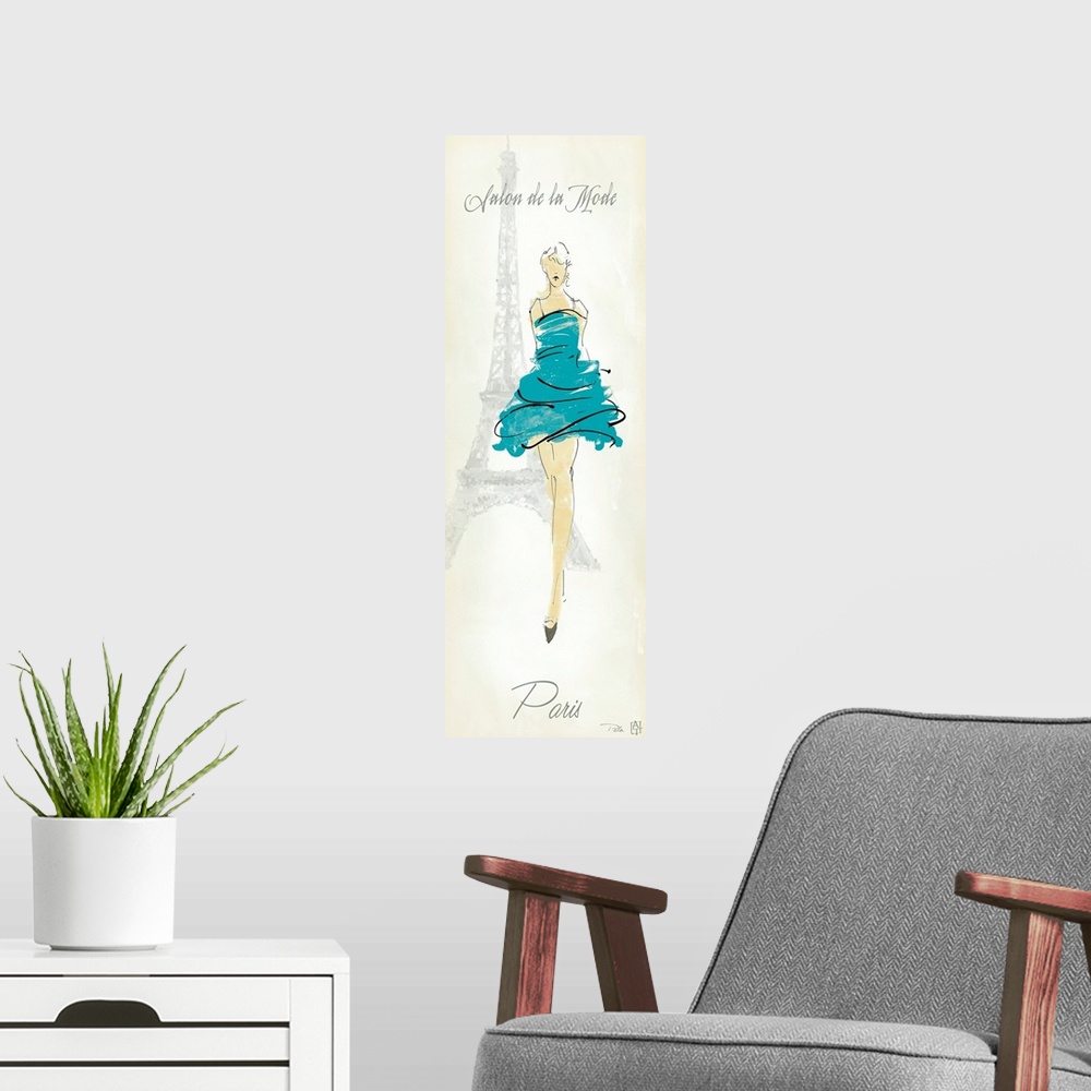 A modern room featuring A vertical piece of artwork with a fashionable woman walking forward and the Eiffel tower drawn i...