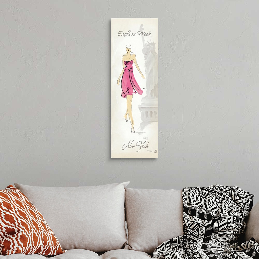 A bohemian room featuring Vertical illustration of a woman wearing a trendy strapless dress and heels with the faint image ...