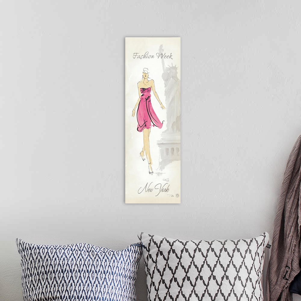 A bohemian room featuring Vertical illustration of a woman wearing a trendy strapless dress and heels with the faint image ...