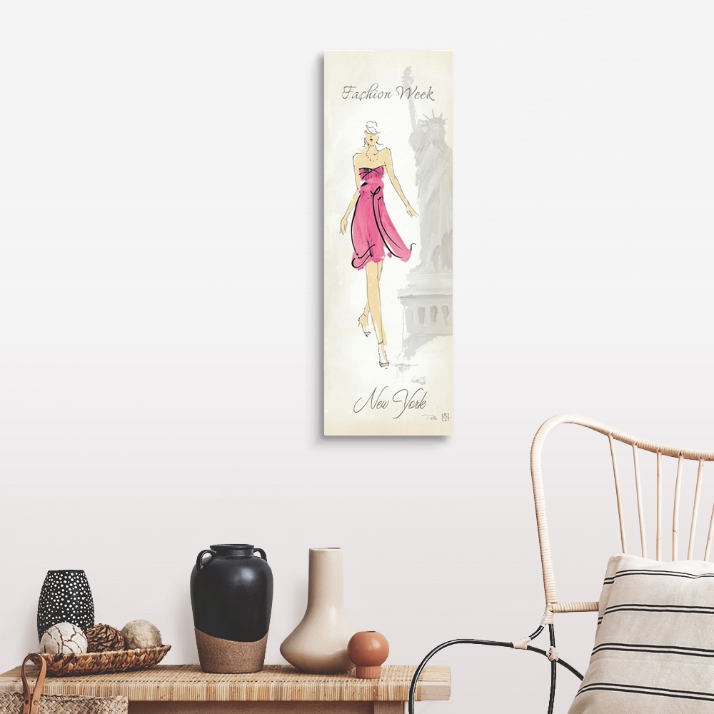 A farmhouse room featuring Vertical illustration of a woman wearing a trendy strapless dress and heels with the faint image ...