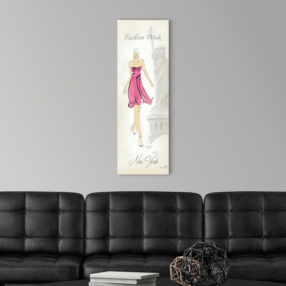 A modern room featuring Vertical illustration of a woman wearing a trendy strapless dress and heels with the faint image ...