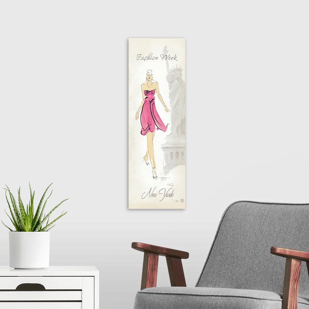 A modern room featuring Vertical illustration of a woman wearing a trendy strapless dress and heels with the faint image ...