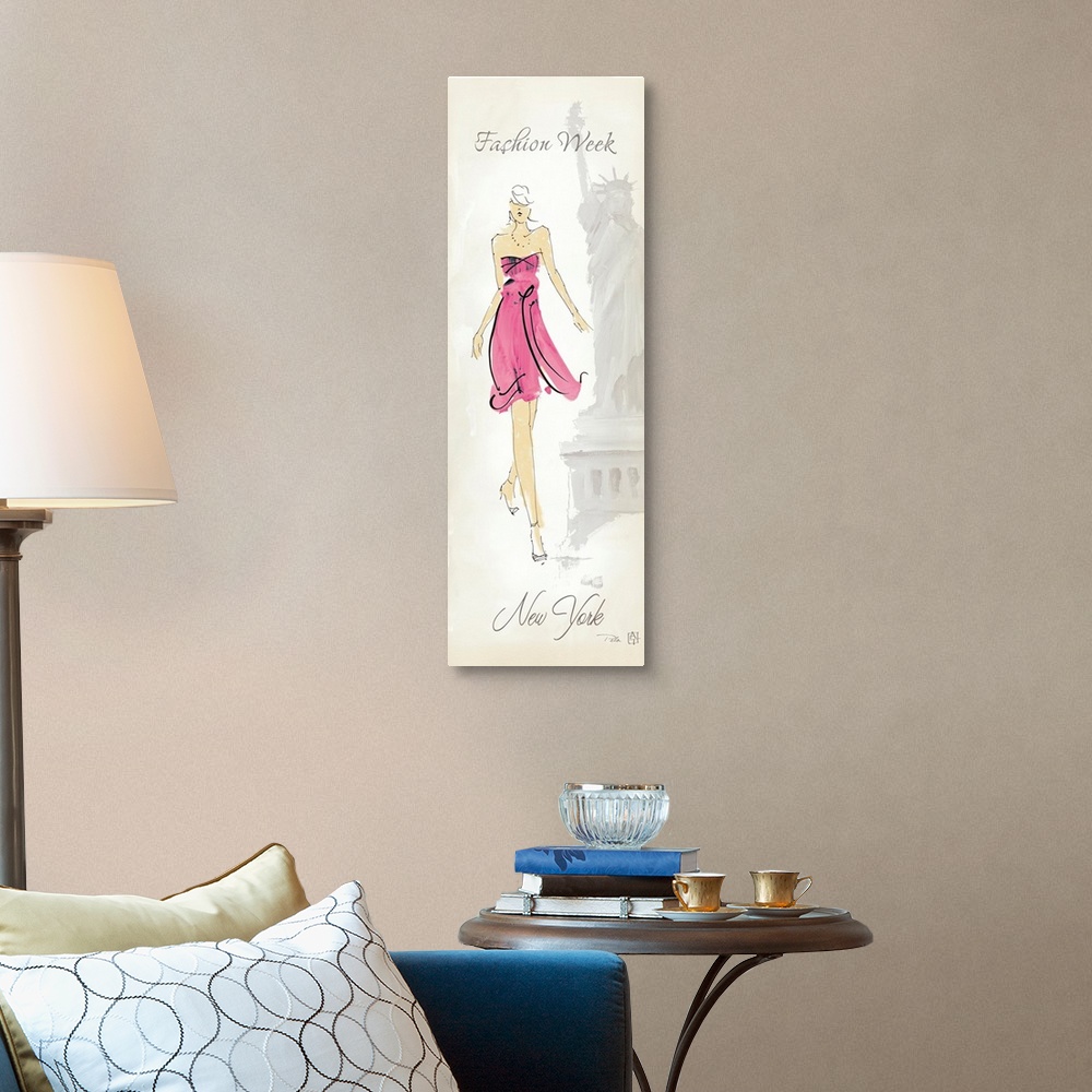 A traditional room featuring Vertical illustration of a woman wearing a trendy strapless dress and heels with the faint image ...