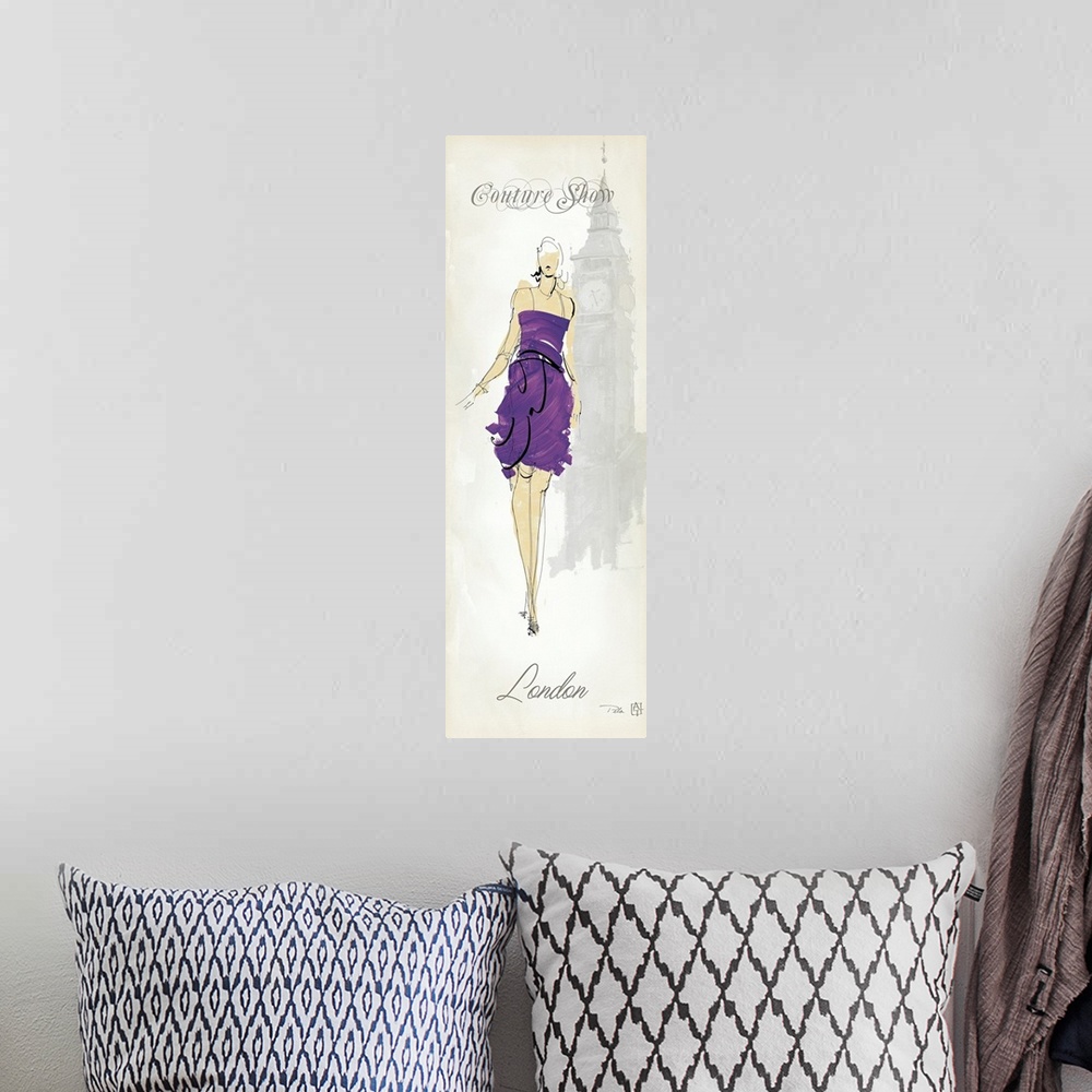 A bohemian room featuring Vertical panoramic illustration of model with clock tower in background and the text "Couture Sho...