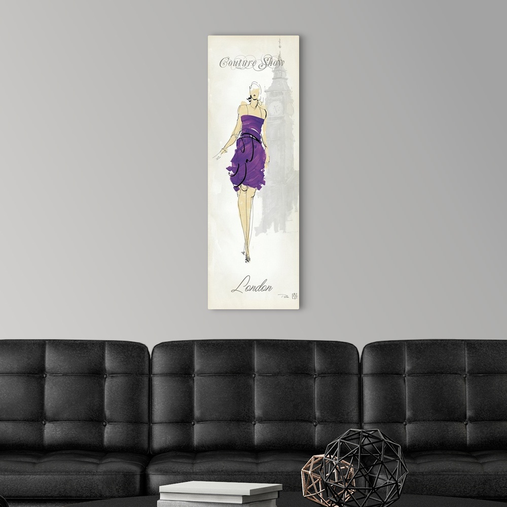 A modern room featuring Vertical panoramic illustration of model with clock tower in background and the text "Couture Sho...