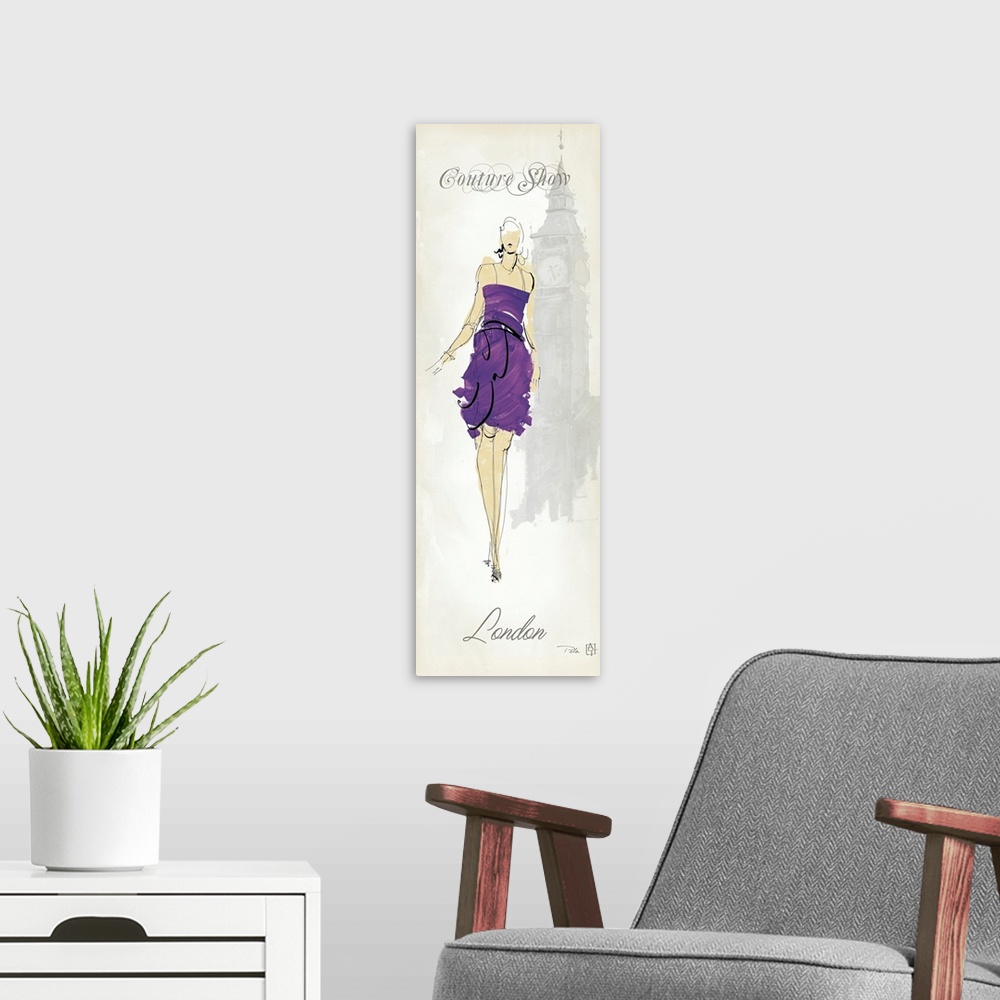 A modern room featuring Vertical panoramic illustration of model with clock tower in background and the text "Couture Sho...
