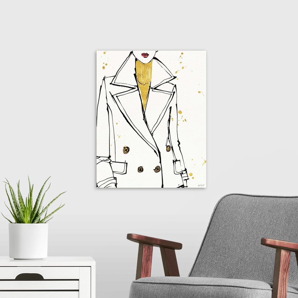A modern room featuring Black and white fashion sketch of woman wearing a peacoat and a metallic gold turtleneck.