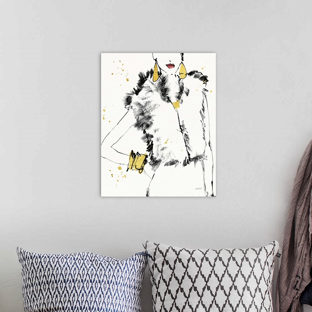 A bohemian room featuring Black and white fashion sketch of a woman wearing a fur vest and metallic gold jewelry.