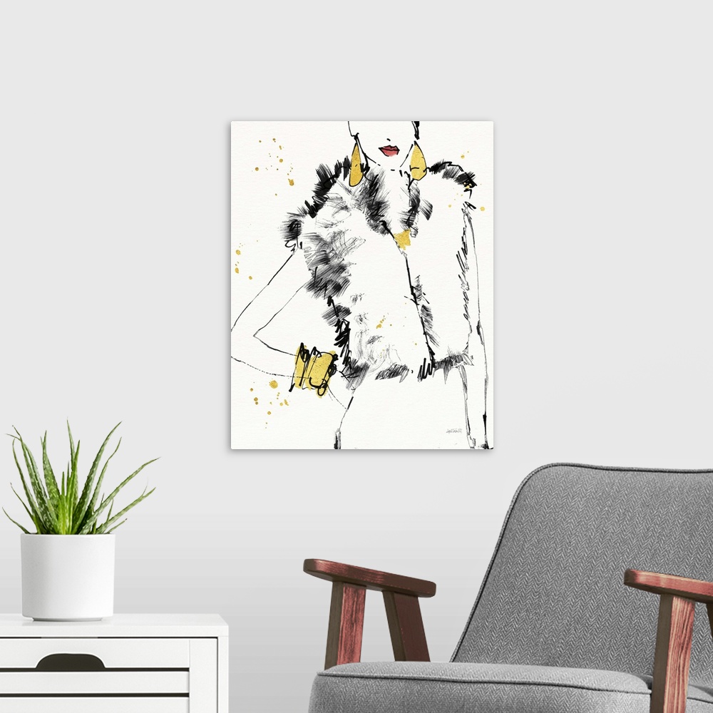 A modern room featuring Black and white fashion sketch of a woman wearing a fur vest and metallic gold jewelry.