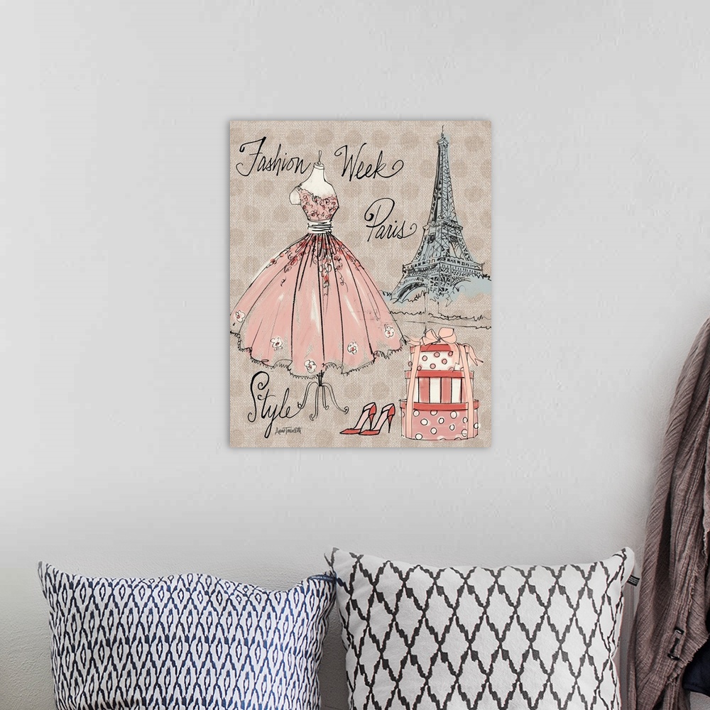 A bohemian room featuring Stylized contemporary Paris fashion art.