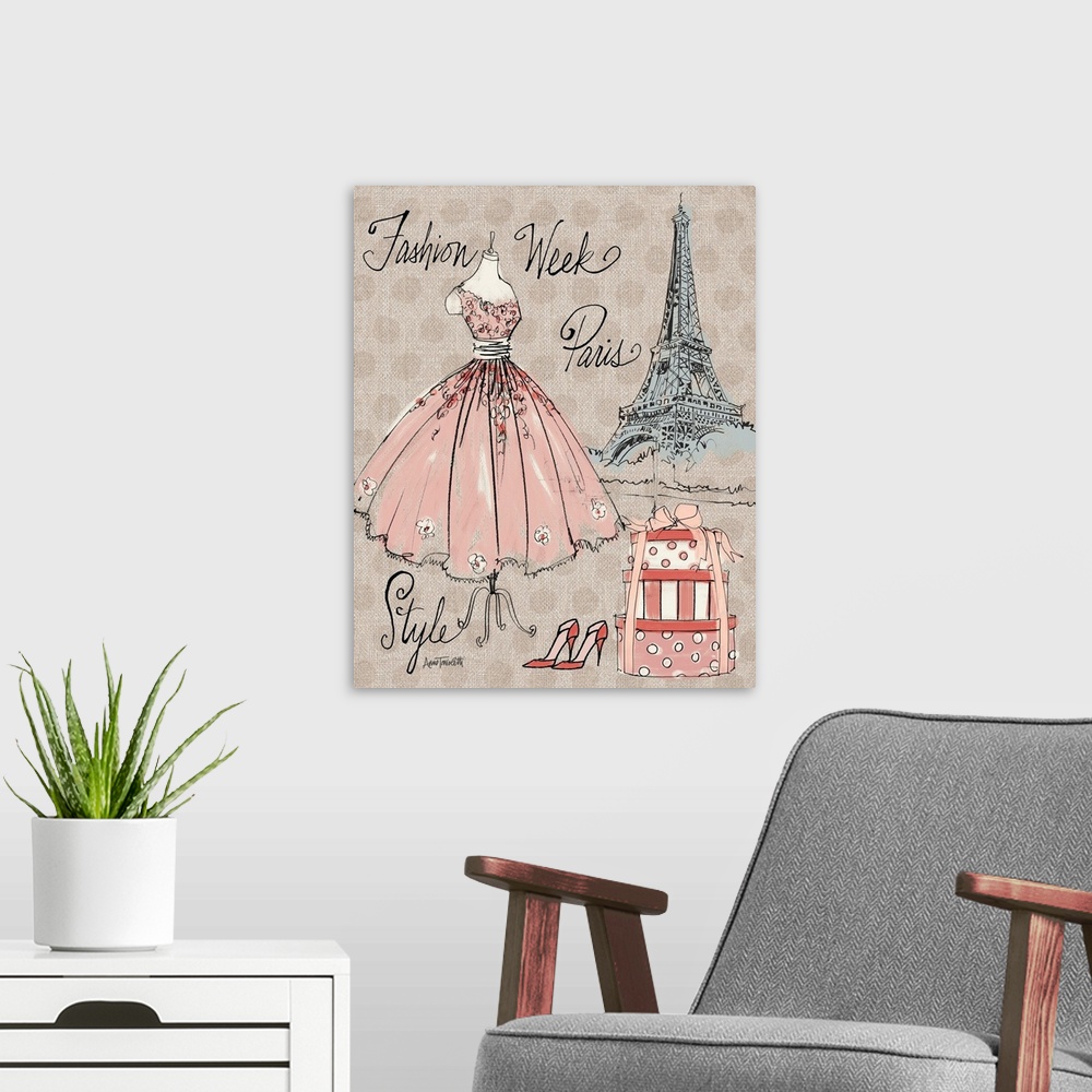 A modern room featuring Stylized contemporary Paris fashion art.