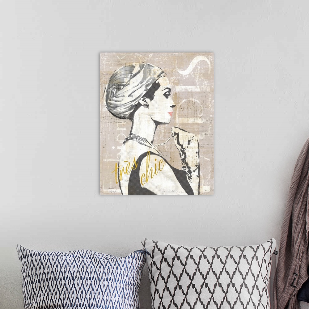 A bohemian room featuring Paris Fashion Week collage in gray, black, and white with "tr?s chic" written in gold a sparkle f...