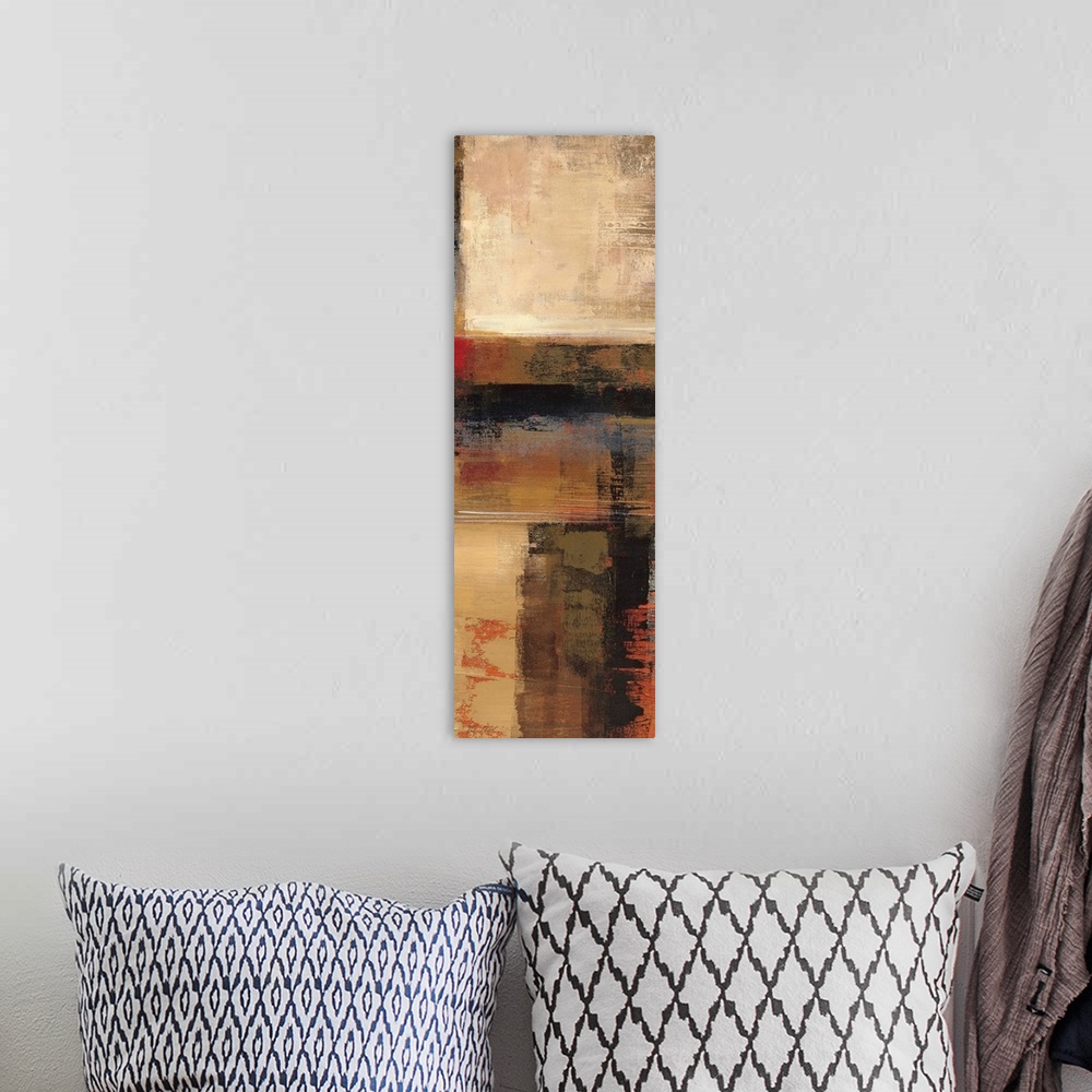 A bohemian room featuring Abstract painting with different earth toned strokes.