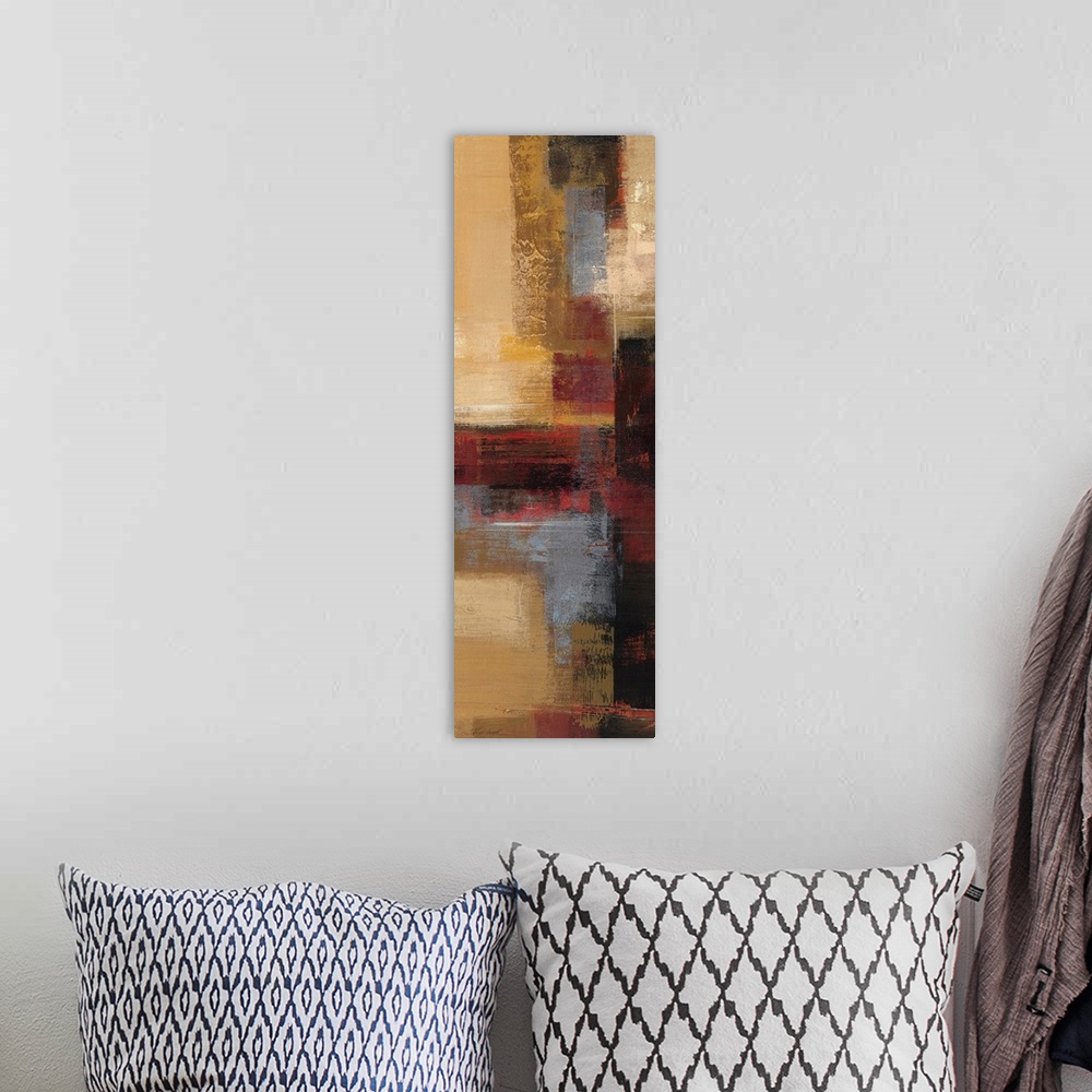 A bohemian room featuring Abstract painting with different earth toned strokes.