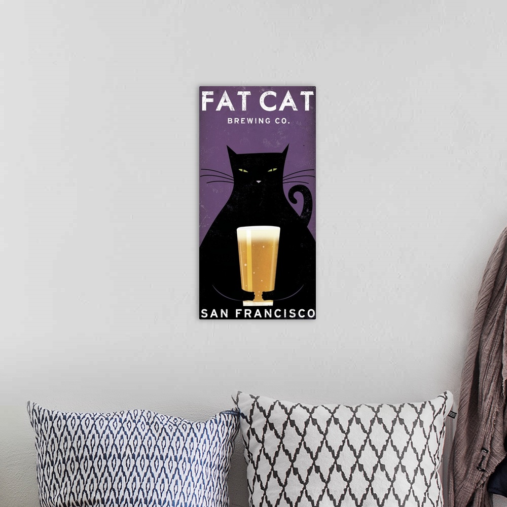 A bohemian room featuring Vertical artwork on a giant canvas of a large black cat holding a glass of beer.  Text at the top...