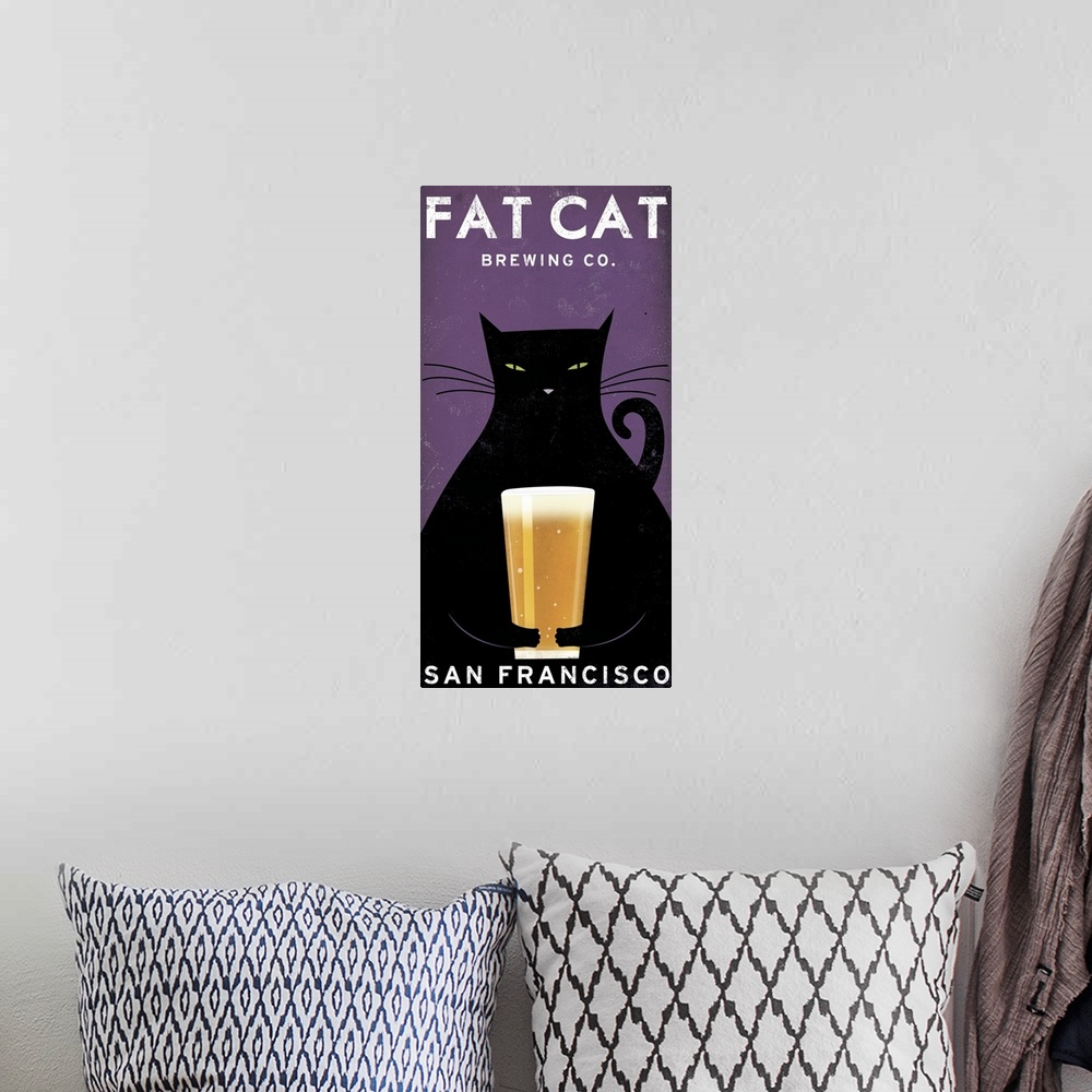 A bohemian room featuring Vertical artwork on a giant canvas of a large black cat holding a glass of beer.  Text at the top...
