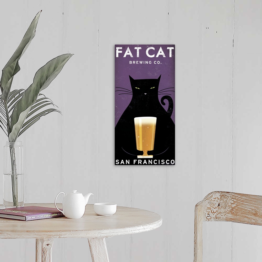 A farmhouse room featuring Vertical artwork on a giant canvas of a large black cat holding a glass of beer.  Text at the top...