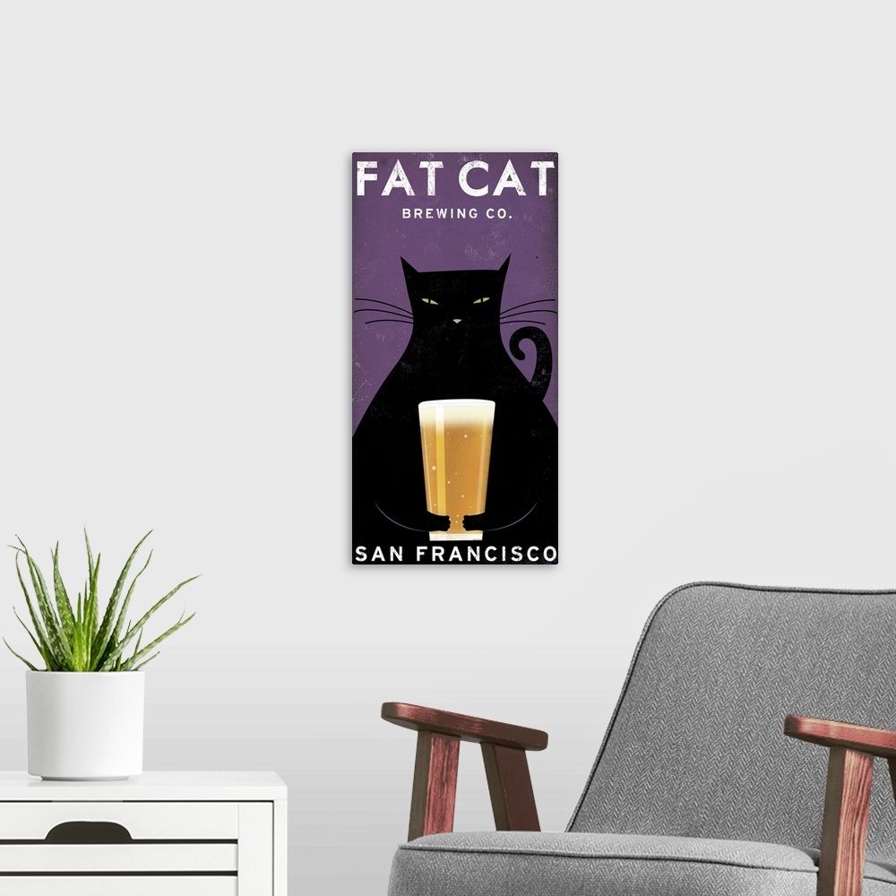 A modern room featuring Vertical artwork on a giant canvas of a large black cat holding a glass of beer.  Text at the top...