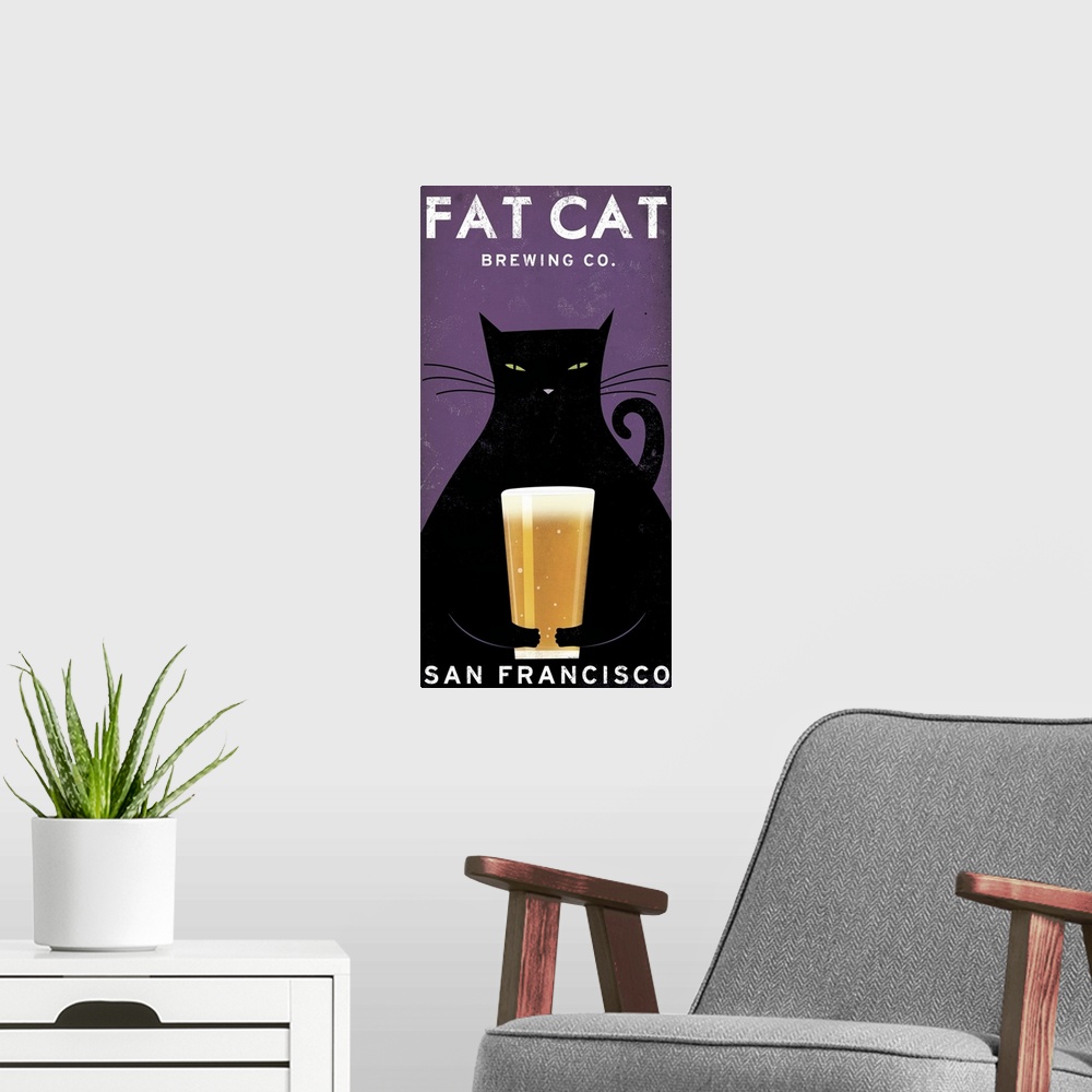 A modern room featuring Vertical artwork on a giant canvas of a large black cat holding a glass of beer.  Text at the top...