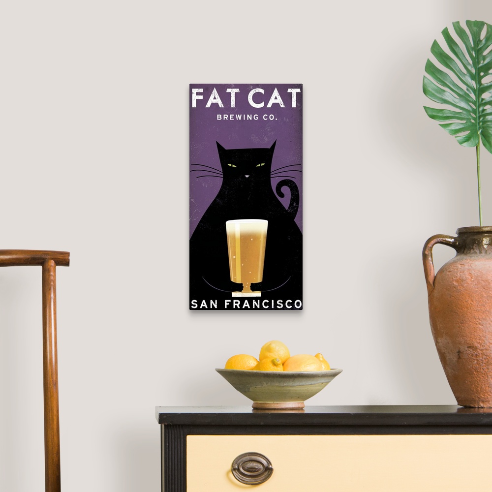 A traditional room featuring Vertical artwork on a giant canvas of a large black cat holding a glass of beer.  Text at the top...