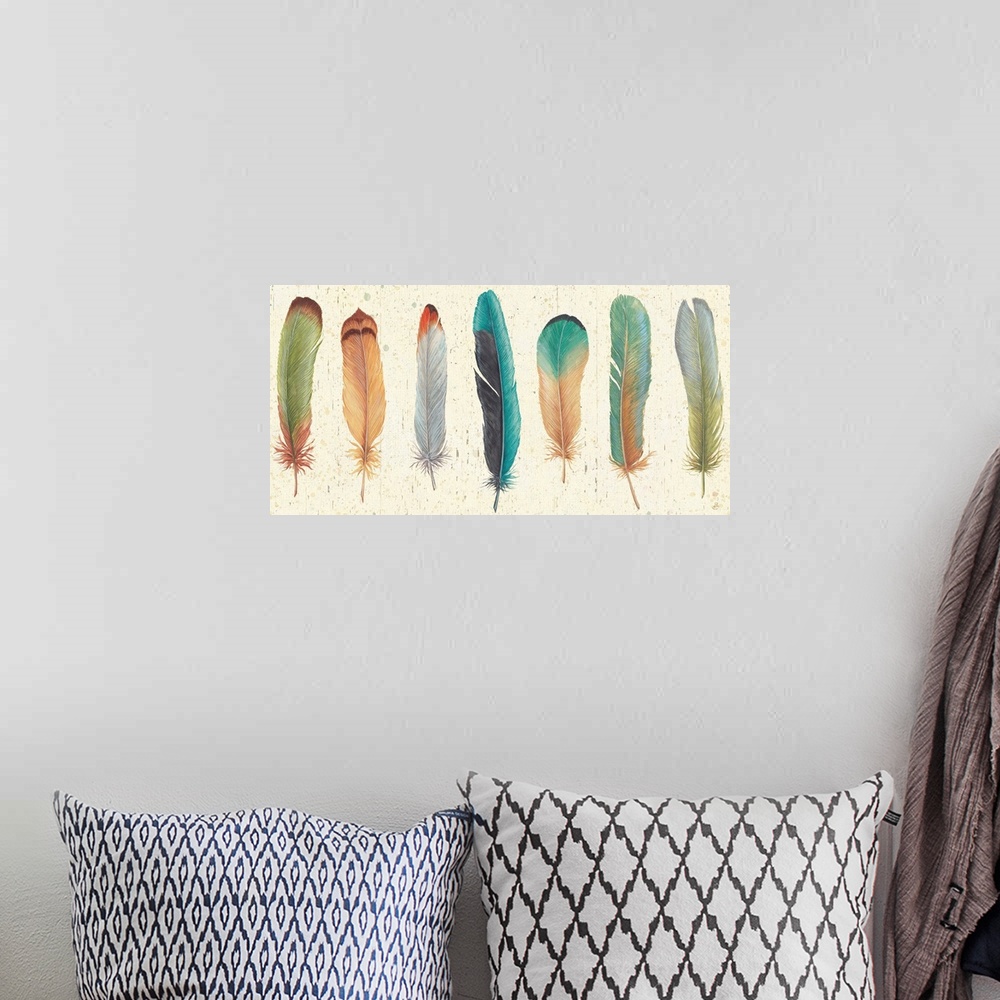 A bohemian room featuring Contemporary artwork of several colorful feathers in a row on a beige background.