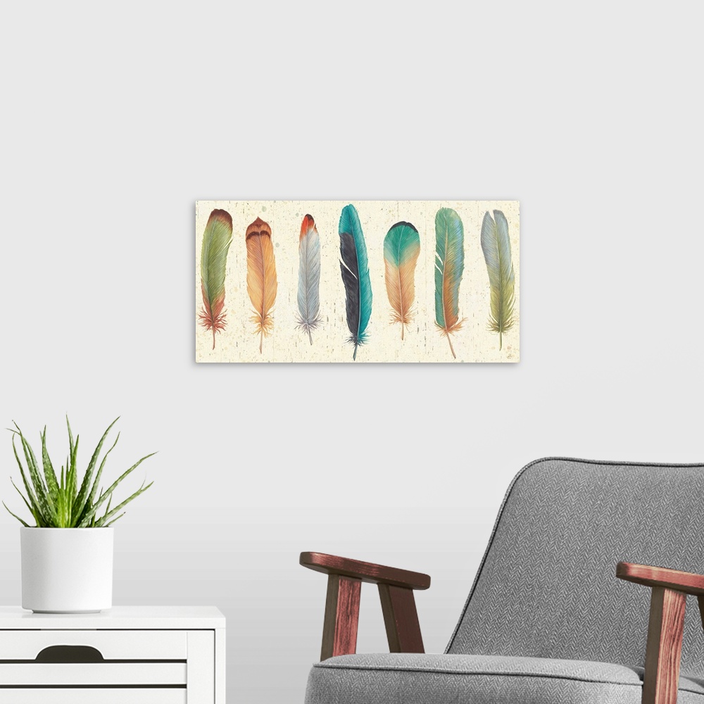 A modern room featuring Contemporary artwork of several colorful feathers in a row on a beige background.