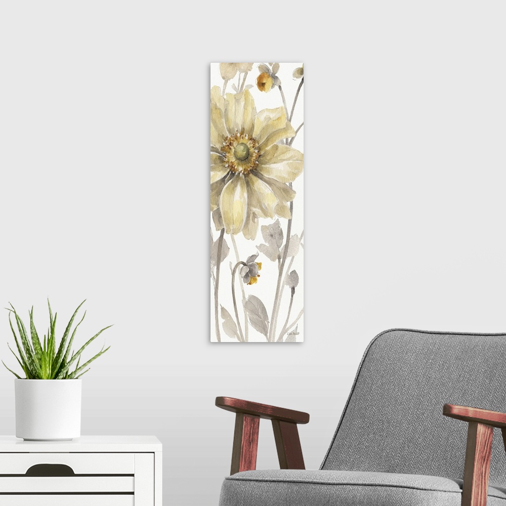 A modern room featuring Decorative artwork of group of flowers in muted tones of gold, yellow and gray.