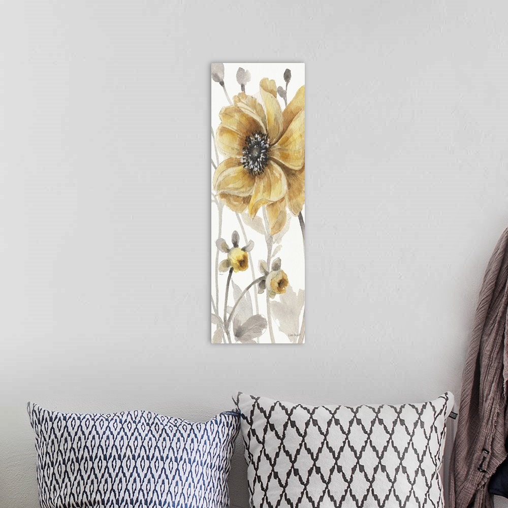 A bohemian room featuring Decorative artwork of group of flowers in muted tones of gold, yellow and gray.