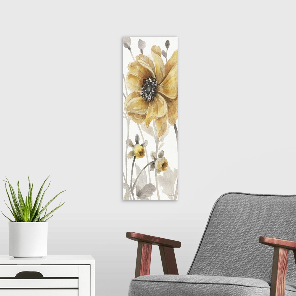 A modern room featuring Decorative artwork of group of flowers in muted tones of gold, yellow and gray.