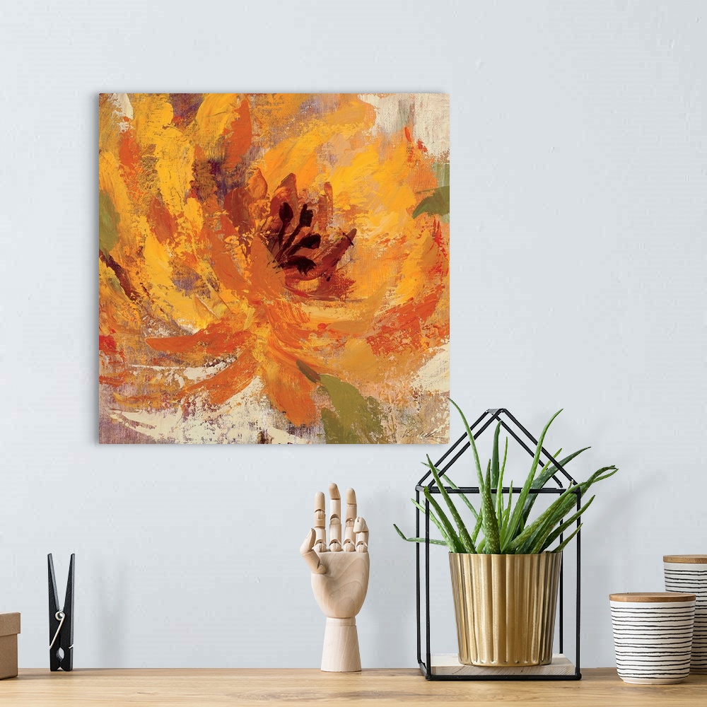 A bohemian room featuring This is a square shaped stylized painting of a flame colored flower blossom painted with enormous...