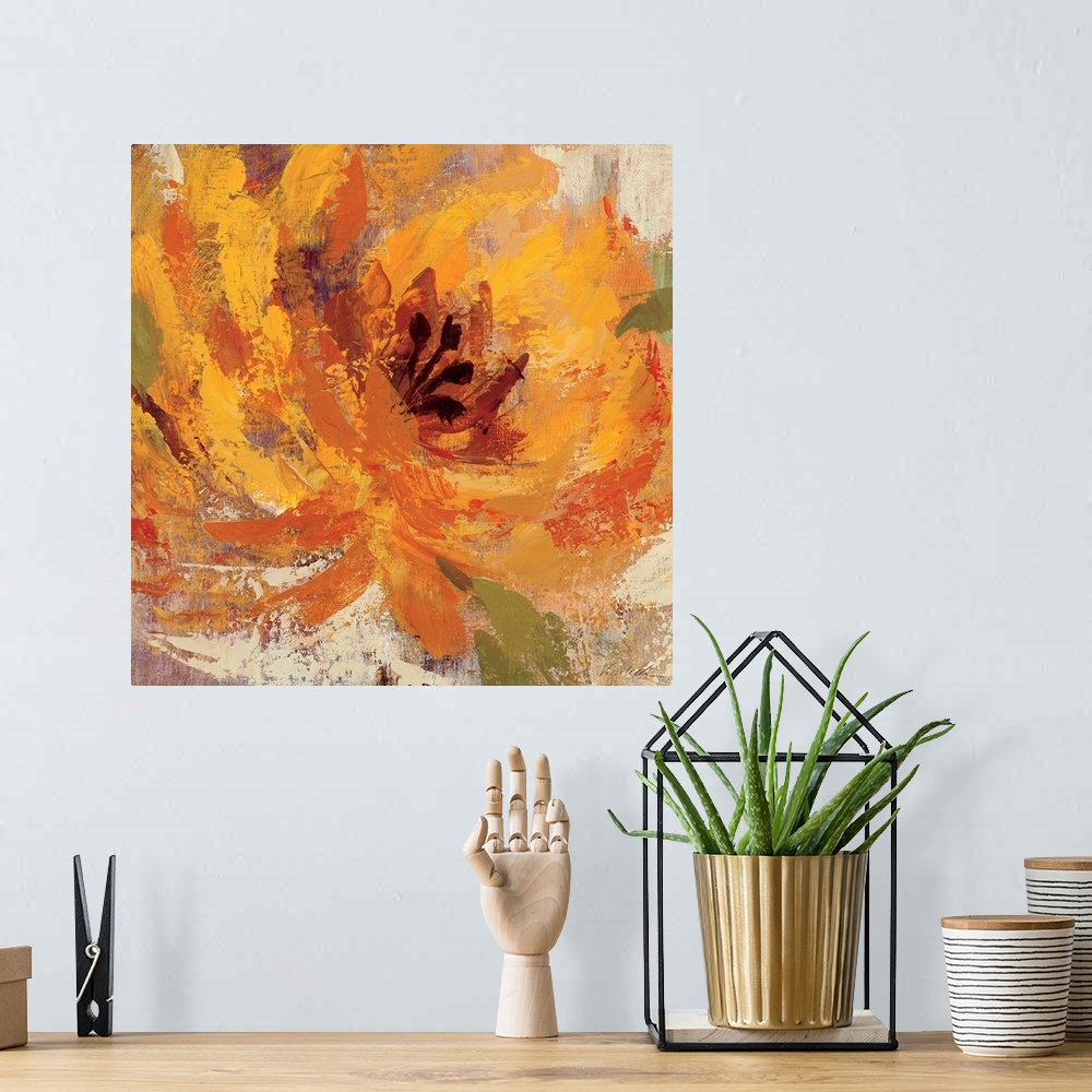 A bohemian room featuring This is a square shaped stylized painting of a flame colored flower blossom painted with enormous...