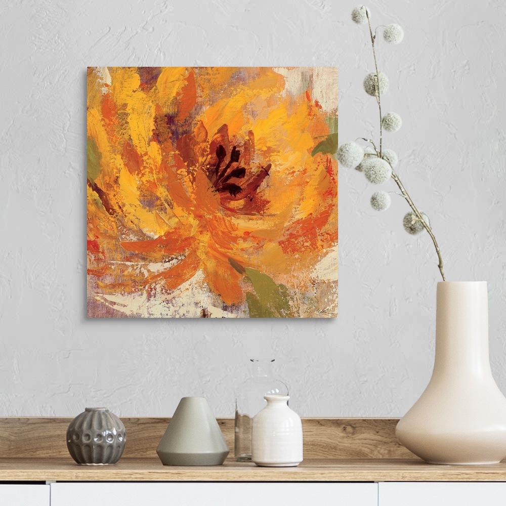 A farmhouse room featuring This is a square shaped stylized painting of a flame colored flower blossom painted with enormous...