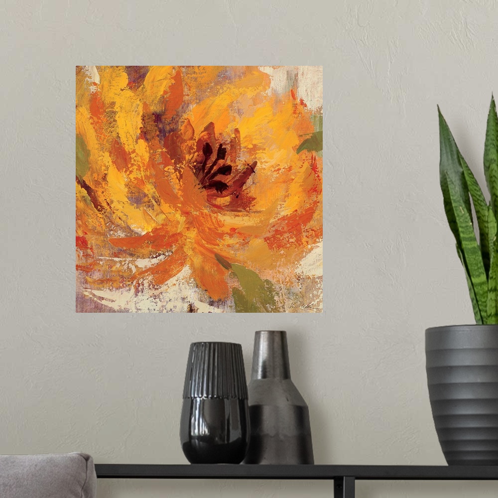 A modern room featuring This is a square shaped stylized painting of a flame colored flower blossom painted with enormous...