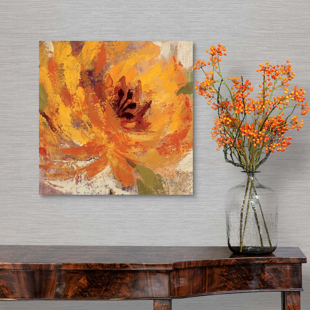 A traditional room featuring This is a square shaped stylized painting of a flame colored flower blossom painted with enormous...