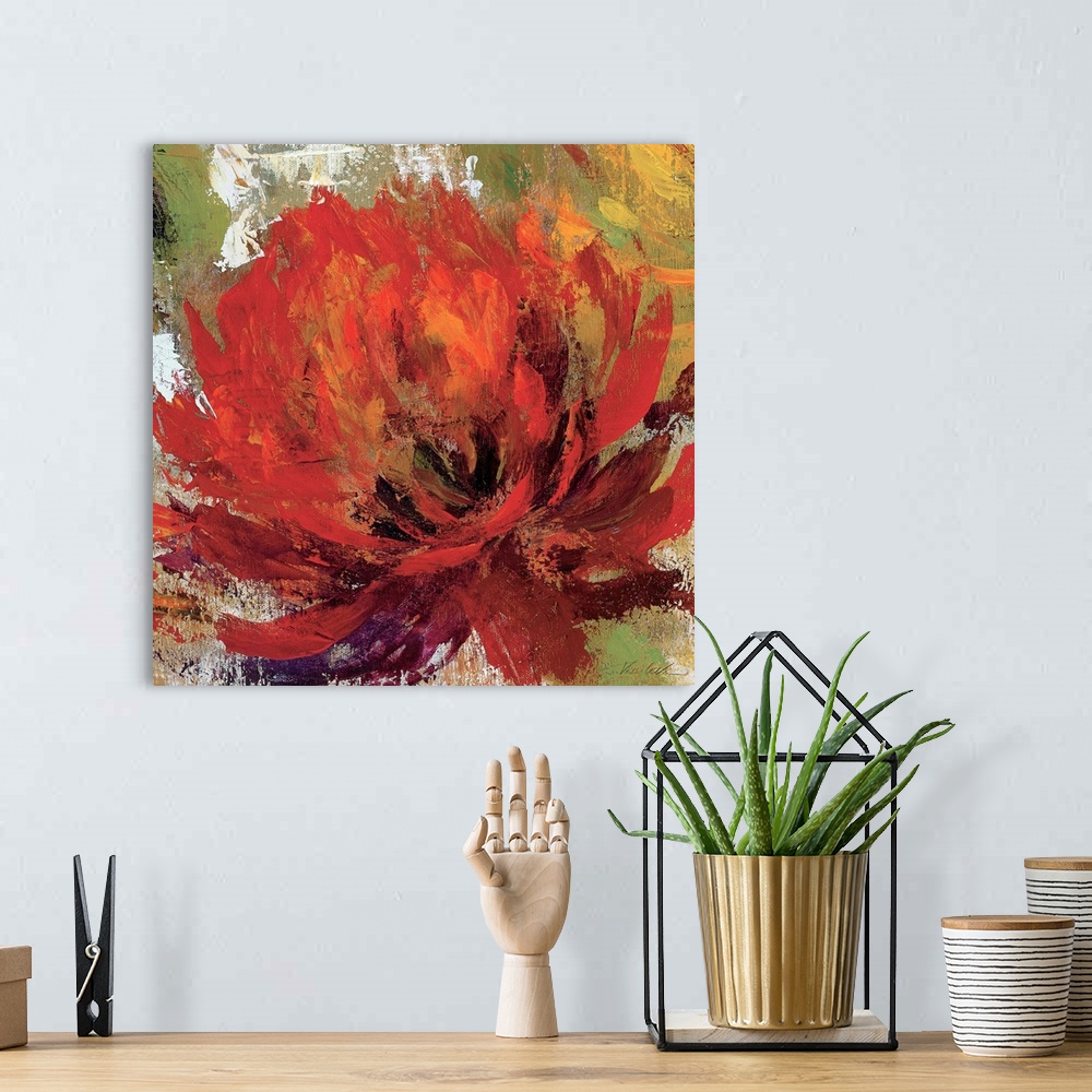 A bohemian room featuring Large contemporary art portrays a close-up of a single flower.  Artist uses an abundance of earth...