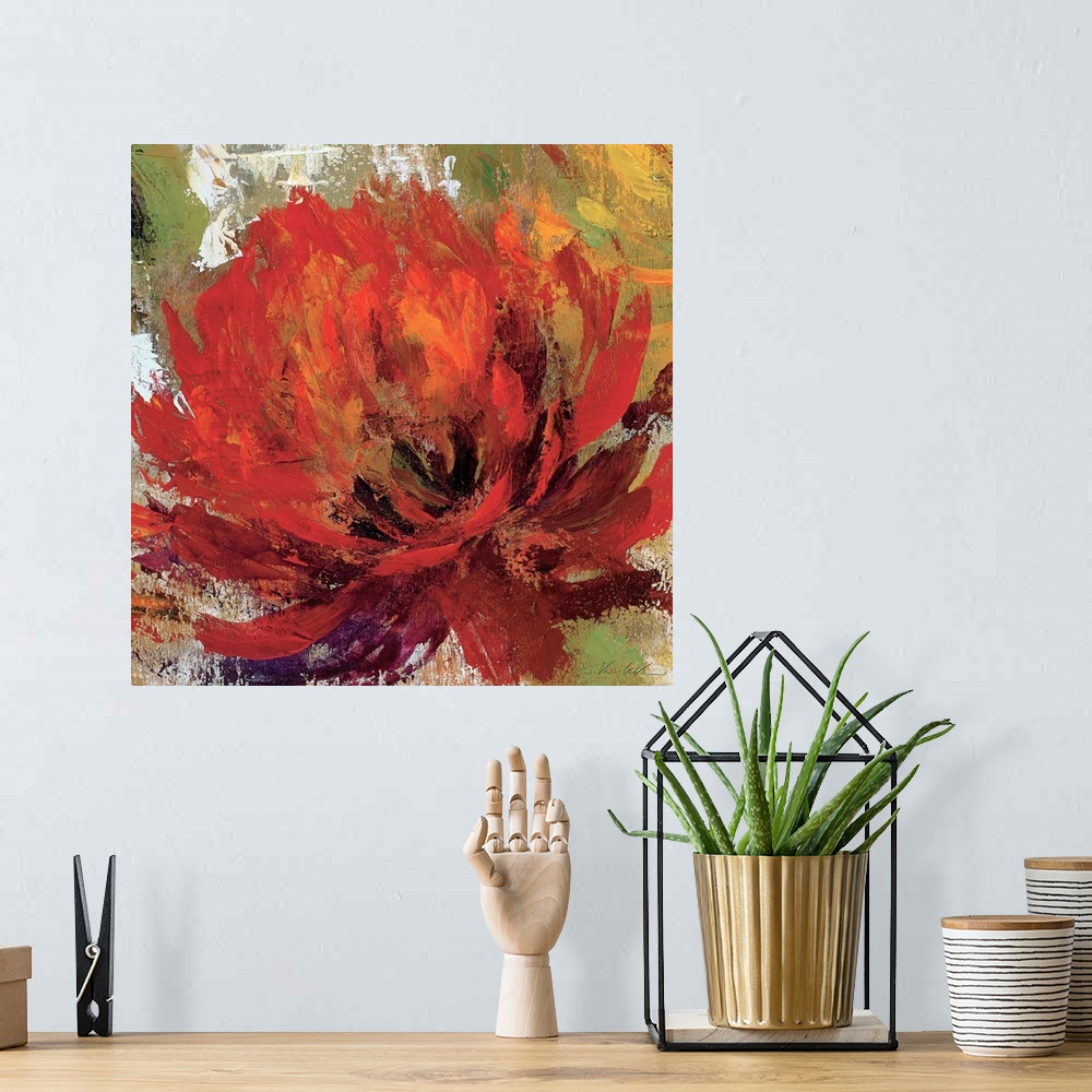 A bohemian room featuring Large contemporary art portrays a close-up of a single flower.  Artist uses an abundance of earth...