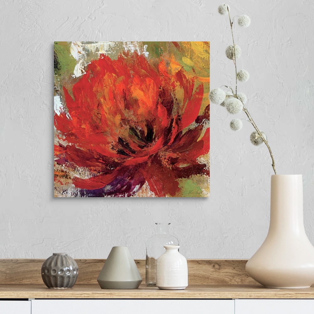 A farmhouse room featuring Large contemporary art portrays a close-up of a single flower.  Artist uses an abundance of earth...