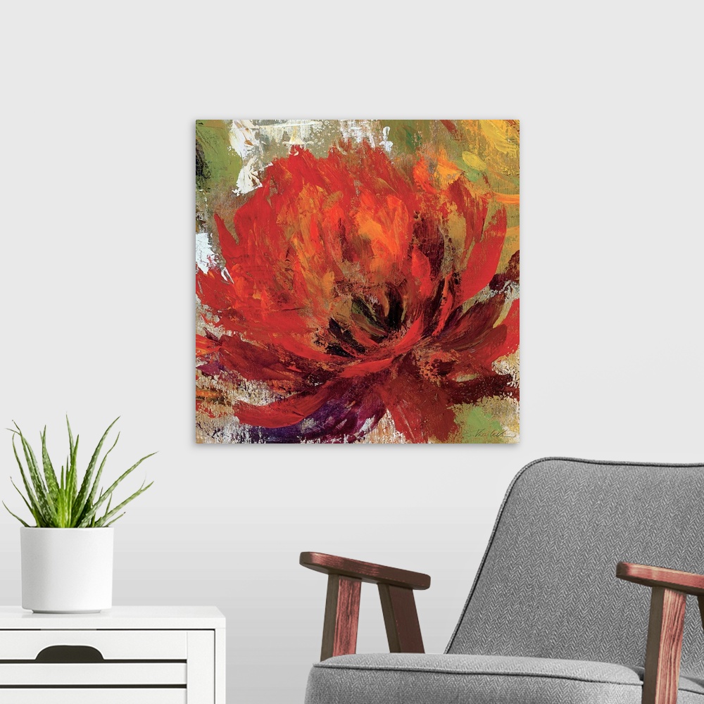 A modern room featuring Large contemporary art portrays a close-up of a single flower.  Artist uses an abundance of earth...