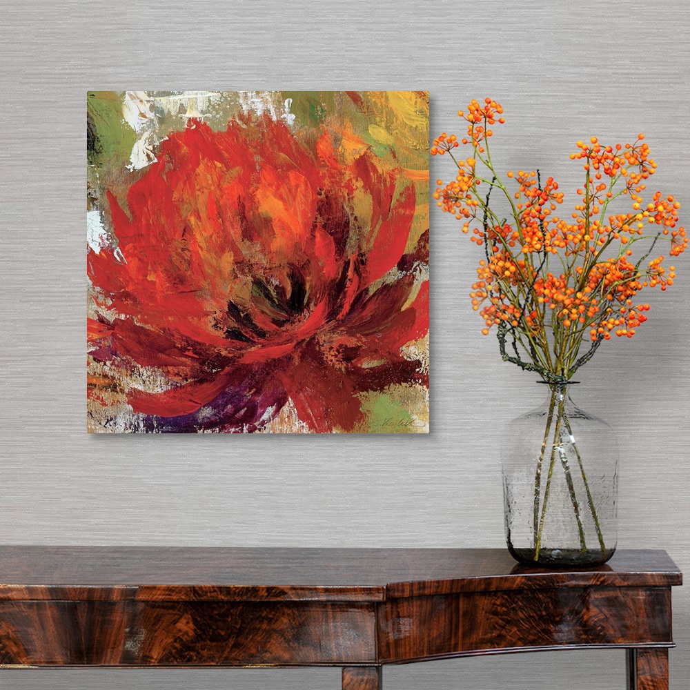 A traditional room featuring Large contemporary art portrays a close-up of a single flower.  Artist uses an abundance of earth...