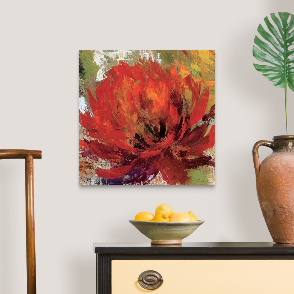 A traditional room featuring Large contemporary art portrays a close-up of a single flower.  Artist uses an abundance of earth...