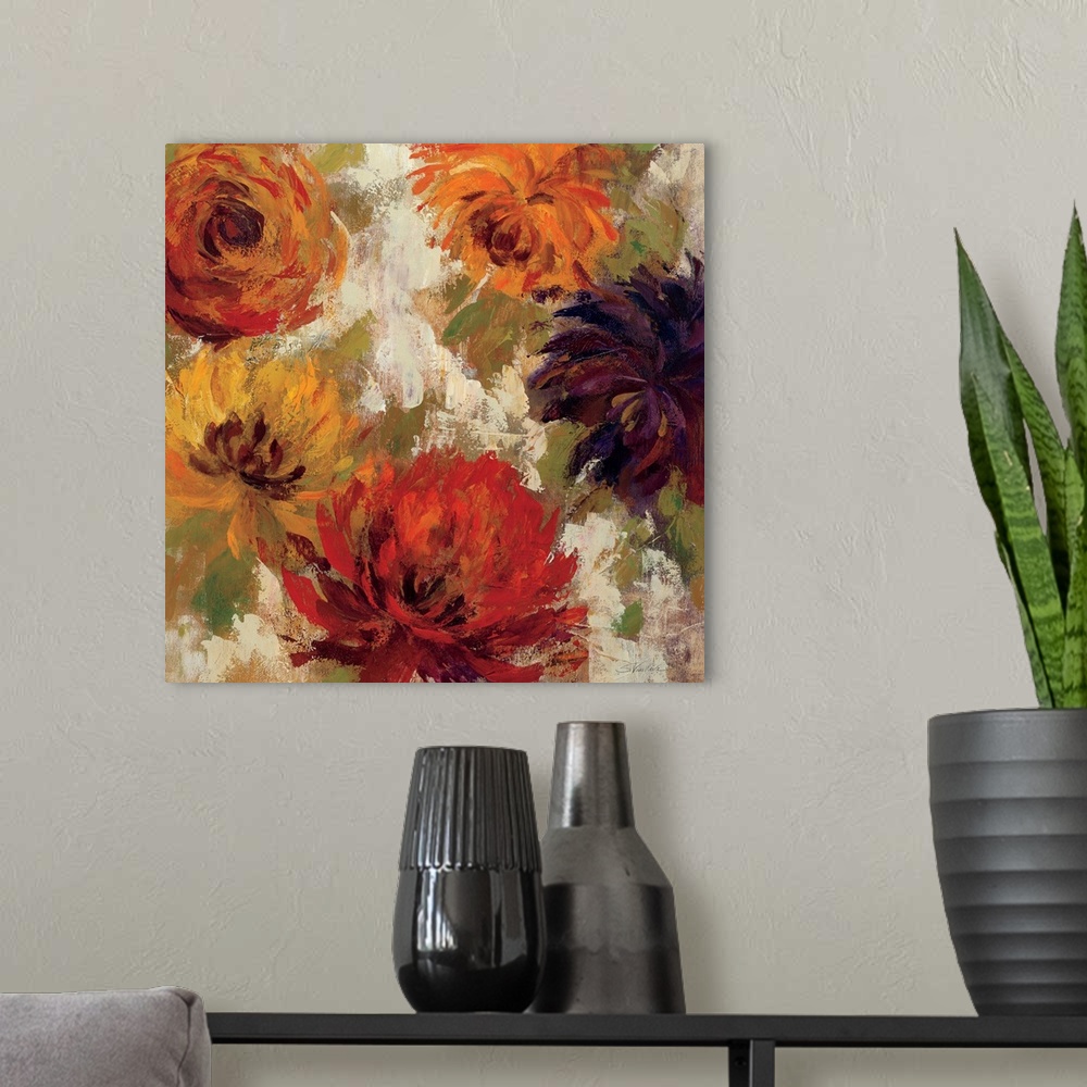 A modern room featuring Contemporary artwork of different colored flowers close-up in the frame of the image.
