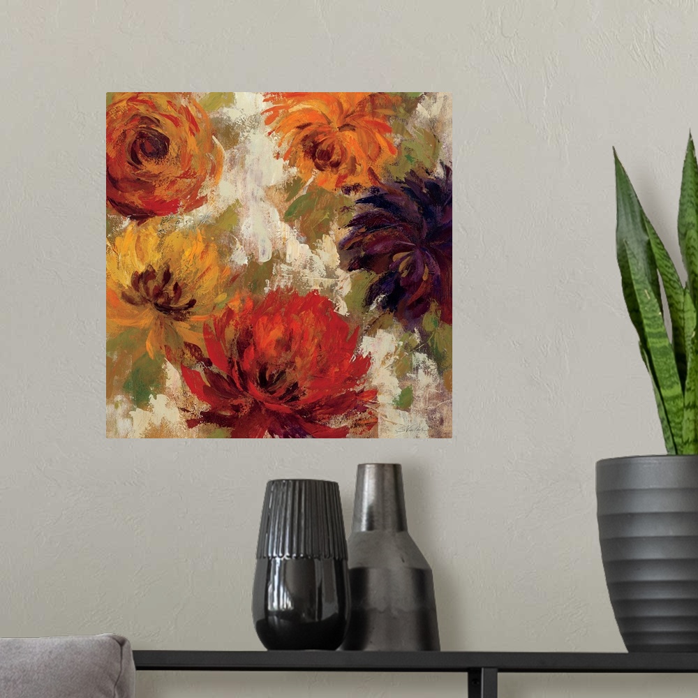 A modern room featuring Contemporary artwork of different colored flowers close-up in the frame of the image.