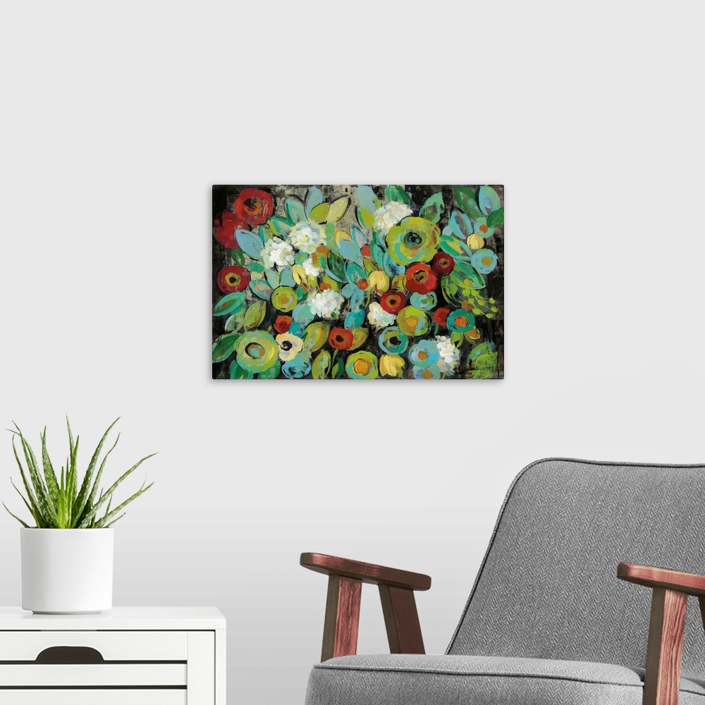 A modern room featuring Contemporary floral abstract painting with bright colored flowers on a dark black background.