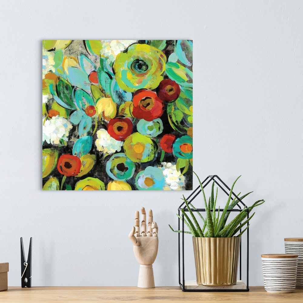 A bohemian room featuring Square floral abstract painting with cool colors.